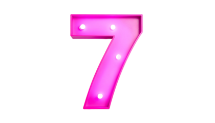 A vibrant, neon pink number seven is illuminated with three white light bulbs on a deep black backdrop, creating a striking visual