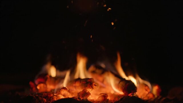 Flickering flames dance around glowing embers in a dark environment from a close-up viewpoint