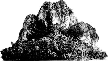 high-contrast black and white illustration of a rugged limestone mountain or karst formation. The image features a stark white background, emphasizing the intricate textures of the rocky cliffs.