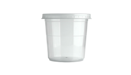 A transparent, round, plastic container with a fitted white lid. The cup is empty, against a black background. It is a product photo