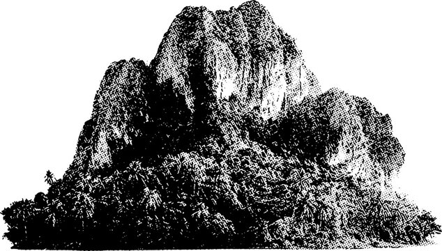 high-contrast black and white illustration of a rugged limestone mountain or karst formation. The image features a stark white background, emphasizing the intricate textures of the rocky cliffs.