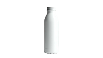 A tall, white, cylindrical bottle with a white cap, standing upright. The background is pure black, emphasizing the bottle's shape