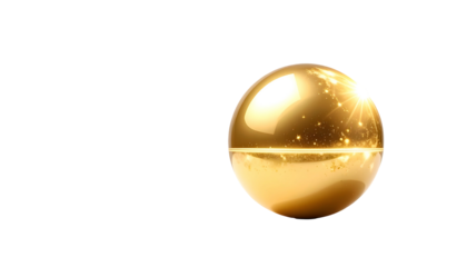 A luminous, golden sphere, split horizontally, reflects light and sparkles against a solid black backdrop. It exudes luxury and brilliance