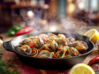 Buttery Garlic Steamed Clams in iron pan.