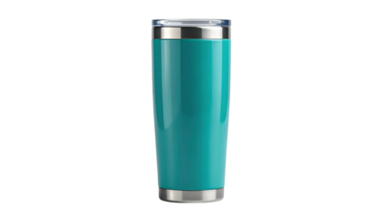 A tall, teal-colored insulated tumbler with a clear lid and silver accents on the rim and base, placed against a black backdrop
