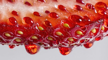 Strawberry cross section with shiny water droplets