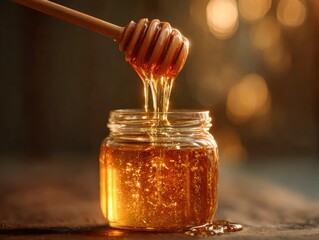 Fresh honey being poured into small glass jar