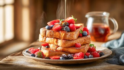 Country breakfast with toast, jam, and berries near window