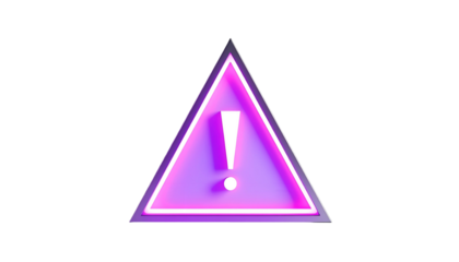 A luminous, neon-style warning sign featuring an exclamation point within a purple, triangle-shaped frame. The background is black