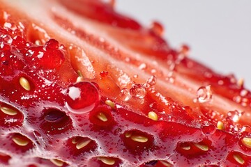 Close-up of strawberry surface with condensation