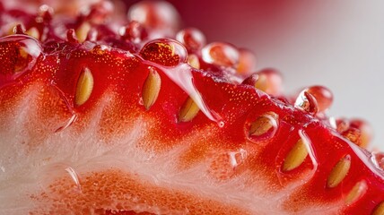 Strawberry cross section with shiny water droplets