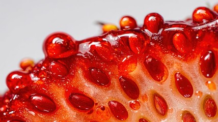 Fresh cut strawberry with glossy moisture macro