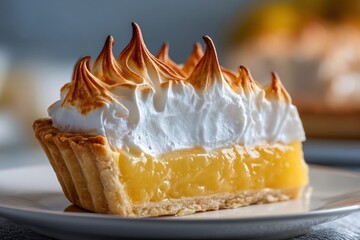 Lemon custard pie slice with browned meringue