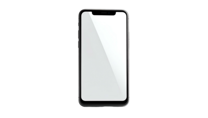 A modern black smartphone is displayed centered against a stark black background, with the screen lit up white