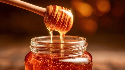 Honey dripping from wooden dipper into glass jar