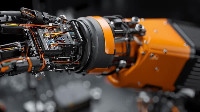 A robotic hand with wires and a black box in the middle. The hand is orange. Macro shot modular robotic arm segment that can be reconfigured, education engineering close detail, robotic education kit