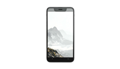 A sleek mobile device showcases a minimalist mountain landscape wallpaper. The phone is centered against a stark black backdrop