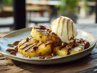 Ice cream dessert with grill pine-apple on plate.