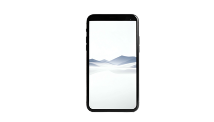 A sleek, modern smartphone with a vivid landscape wallpaper of mountains and reflections. The phone is centered against a stark black background