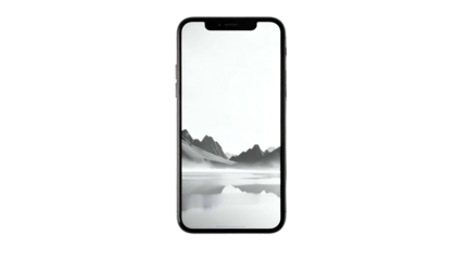 A smartphone displaying a serene, monochrome landscape wallpaper of mountains and a misty lake, set against a stark black background