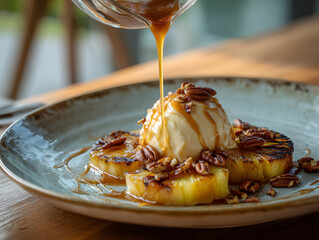 Ice cream dessert with grill pine-apple on plate.