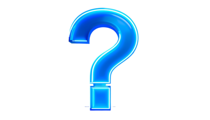 A luminous, three-dimensional question mark with a sleek, reflective, gradient-filled blue design, against a solid black background