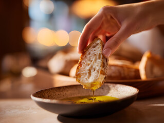 A single slice of sourdough bread with olive oil in  bowl.