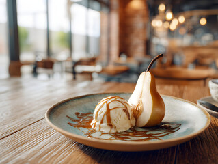 Pear and ice-cream topping with caramel.