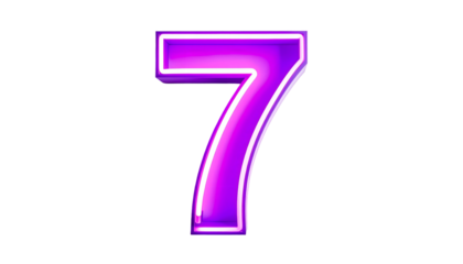 A vibrant, neon-lit digital rendition of the numeral seven, brightly colored in gradient purple and white, set against a solid black background