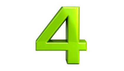 A vibrant, three-dimensional numeral "4" with a glossy finish, rendered in a bright green color, stands against a stark black background