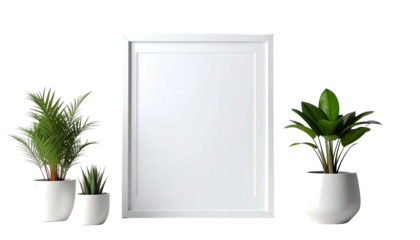 A white framed print stands between potted green plants against a solid black backdrop. It offers a clean, minimalistic aesthetic