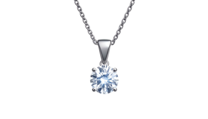 A close-up showcases a solitary, brilliant-cut gem pendant. It hangs delicately from a silver chain against a stark black background