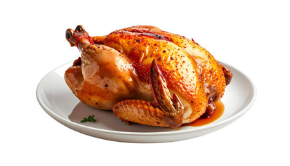 A whole roasted poultry piece, glistening and golden-brown, sits on a white plate, ready to be served. A sprig of parsley accents the dish