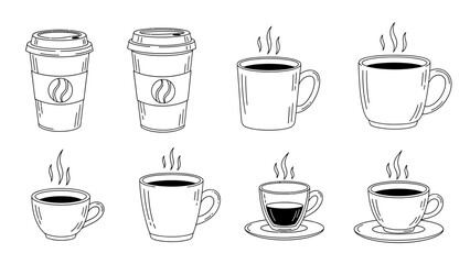 Fototapeta premium Hot Coffee Cup Line Art Icons Set