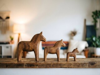 Wooden Dala Horses on Rustic Shelf