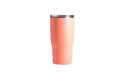 An isolated, cylindrical container, in a peach hue, with a metal rim and lid, sits centered against a stark black background. It appears ready for drinks