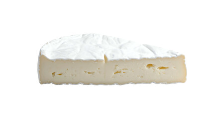 Close-up of a wedge of soft, creamy cheese. The rind is white, the interior ivory, with small holes and a smooth texture