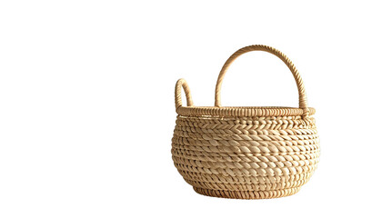 A close-up shot of a small, woven, round basket with a handle, placed against a black backdrop, showcasing texture and form