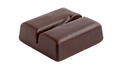 Close-up of a dark, rectangular chocolate treat with a distinct groove, showcasing a glossy surface on a solid black background