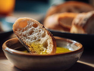 A single slice of sourdough bread with olive oil in  bowl.