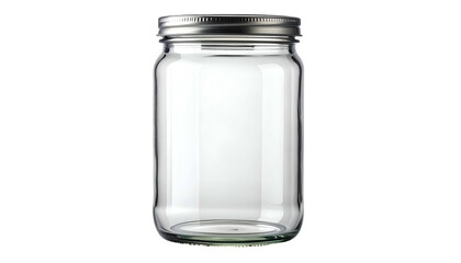A clear, empty glass jar with a shiny silver lid, set against a black background, emphasizing its transparent nature
