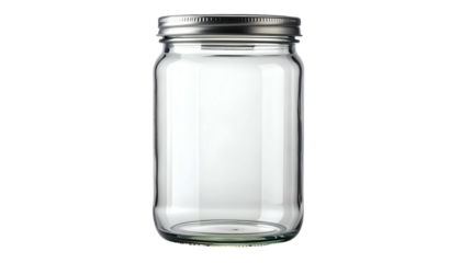 A clear, empty glass jar with a shiny silver lid, set against a black background, emphasizing its transparent nature