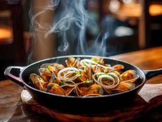 Buttery Garlic Steamed Clams in iron pan.