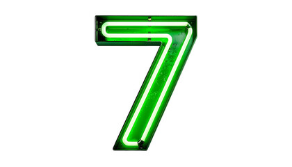 Illuminated neon sign, the numeral seven, glows bright green against a stark black background. The glass tubing is bent in a stylized form
