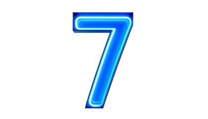 Illuminated number seven with a vibrant blue neon outline and filled with a gradient of the same color, against a solid black background