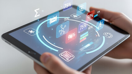 Close up of a person holding a modern digital tablet displaying futuristic glowing holographic user interface elements featuring progress bars and percentage metrics on transparent background