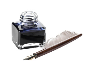 Feather quill pen and glass inkwell isolated on white background.jpg