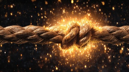 Human Trafficking Awareness day A strong knotted brown rope glows intensely with vibrant golden energy and glittering sparks End Human Trafficking