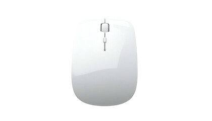 Top-down studio shot of a modern, sleek white computer mouse. It has a minimalist design with a central scroll wheel