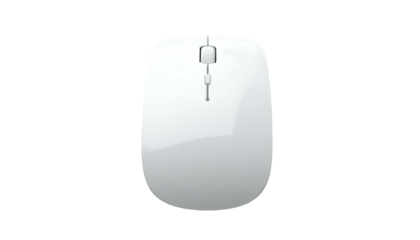 Top-down studio shot of a modern, sleek white computer mouse. It has a minimalist design with a central scroll wheel